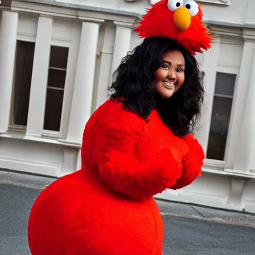 Image similar to a body of a thicc woman wearing a elmo costume