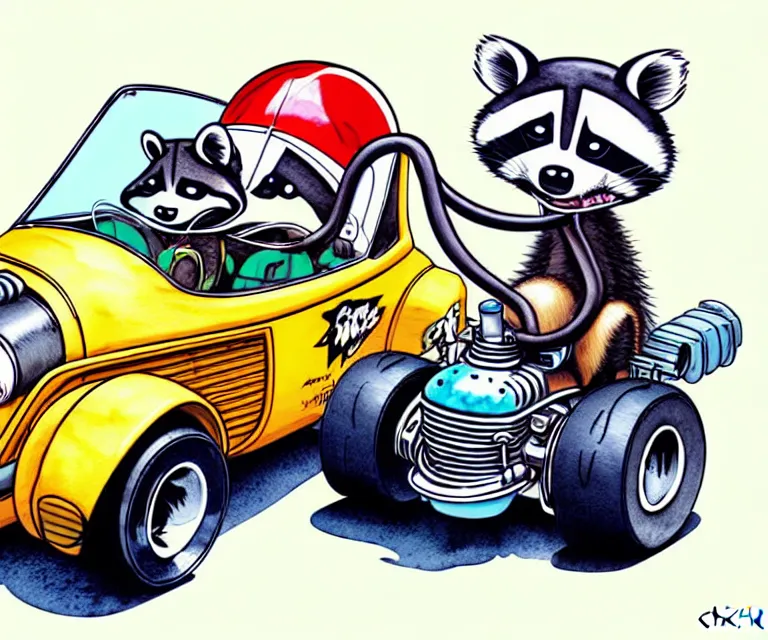 Image similar to cute and funny, racoon wearing a helmet riding in a tiny hot rod with oversized engine, ratfink style by ed roth, centered award winning watercolor pen illustration, isometric illustration by chihiro iwasaki, edited by range murata, details by artgerm