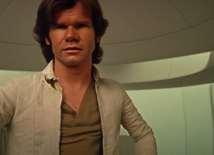 Image similar to screenshot of portrait Han Solo standing in an surreal light green 70s round minimalist architecture, iconic scene from 1970s film by Stanley Kubrick, the lost Star Wars Film, moody hazy lighting, stunning cinematography, hyper-detailed, crisp, anamorphic lenses, kodak color film stock, 4k, very detailed, hyper real render