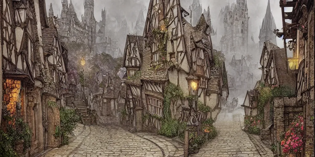 a medieval dickensian village, tudor, art nouveau, | Stable Diffusion ...