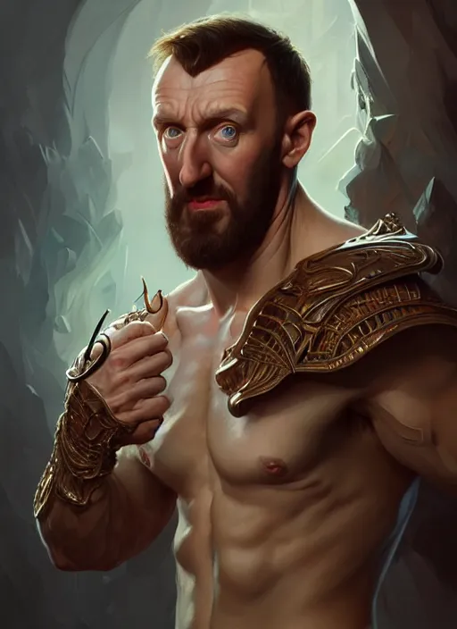 Image similar to portrait of alex horne, d & d, muscular! fantasy, intricate, elegant, highly detailed, digital painting, artstation, concept art, smooth, sharp focus, illustration, art by artgerm and greg rutkowski and alphonse mucha