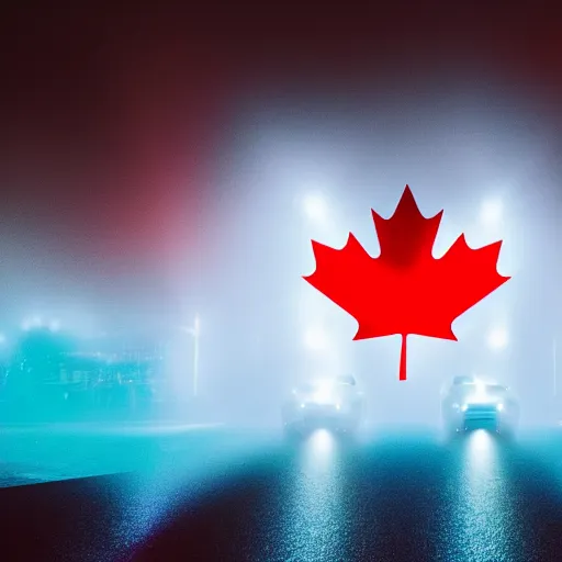 Image similar to electric blue R34 skyline with Canadian flag in the background, photography, 4k, volumetric lighting, glowing fog