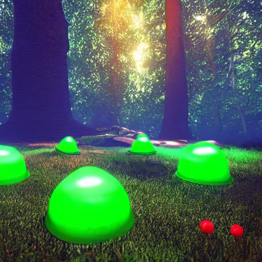 Prompt: glowing green jello mushrooms in a mystical forest, firefly trails, unreal engine
