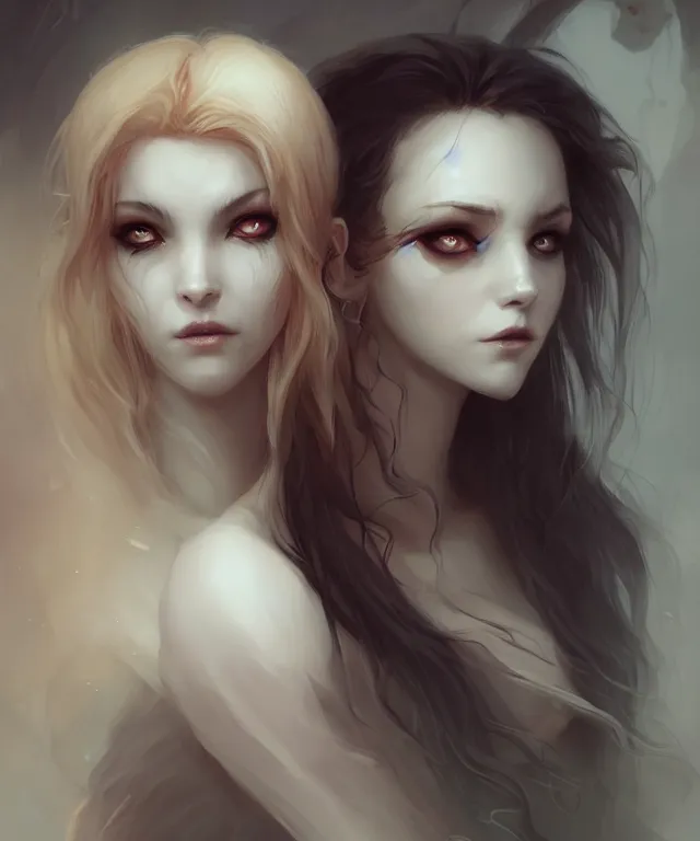 Prompt: cute friendly demon meets cute friendly vampire by charlie bowater and titian and artgerm, intricate, face, cavern, elegant, beige mist, beautiful, highly detailed, dramatic lighting, sharp focus, trending on artstation, artstationhd, artstationhq, unreal engine, 4 k, 8 k