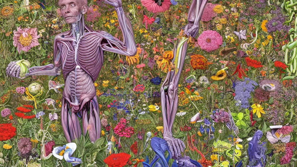 Image similar to highly detailed illustration of a human anatomy body surrounded by all the known species of flowers by juan gatti, by michael reedy!!, by moebius, by oliver vernon, by joseph moncada, by damon soule, by manabu ikeda, by kyle hotz, by dan mumford, by kilian eng