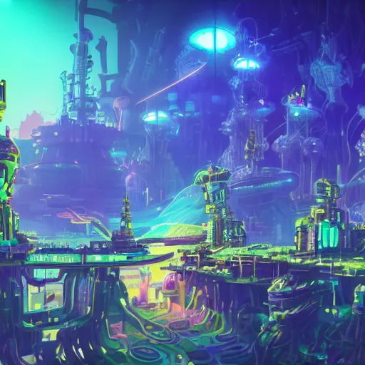 Image similar to an underwater city made of light matter built standing in the hands of a giant defunct robot mech and trying to save the planet one plant at a time, set in the distant future, plants, light prisms, rainbow diffraction, steampunk, cyberpunk, robots, warm lights, anime, vhs distortion, art style mimics starlight brigade by game grumps