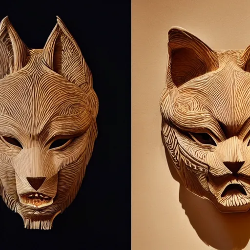 Prompt: a portrait of a beautiful persian male wearing a kitsune mask carved in wood by iris van herpen,