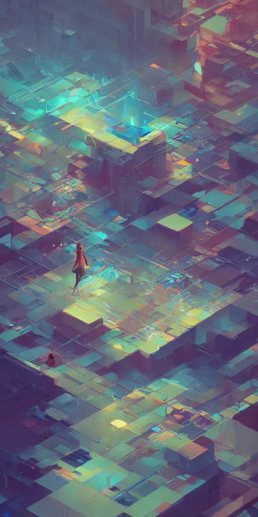 Image similar to highly detailed happy abstract geometric painting, stephen bliss, unreal engine, greg rutkowski, loish, rhads, beeple, makoto shinkai and lois van baarle, ilya kuvshinov, rossdraws, tom bagshaw, global illumination, detailed and intricate environment