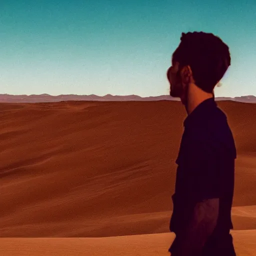 Image similar to photo of a man looking out across the desert, surreal style