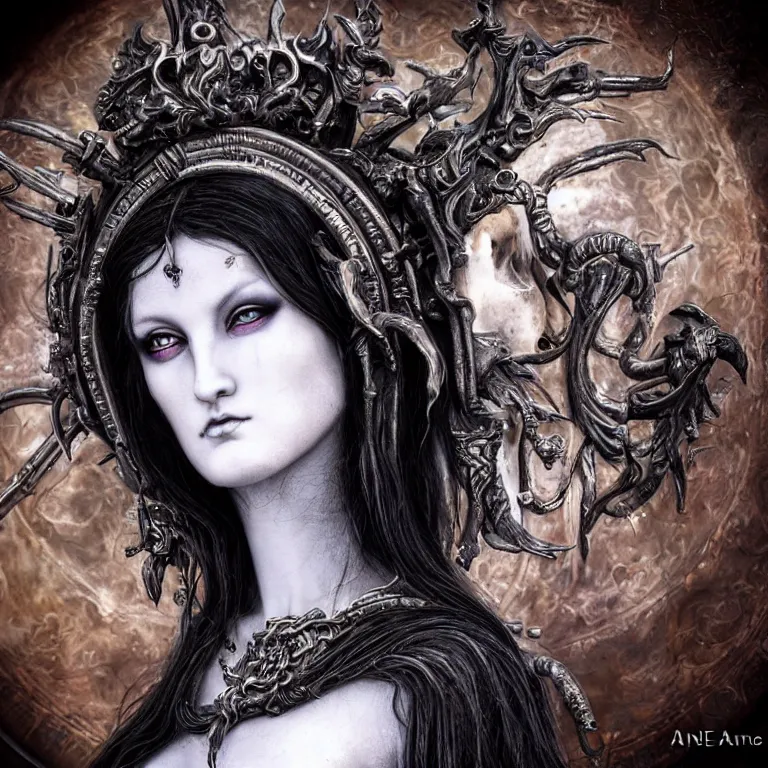 Image similar to centered portrait, close up, candid photography, goddess of death, by anne stokes, updo, highly detailed, accurate