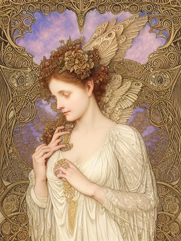 Image similar to Gustave dore and Mucha beautiful maiden ivory mask intricate ornate wings fractal-lace iridescent gemstone wearing ivory rococo dress, ivory gold, iridescent highlights, full view, soft lighting, vivid, Hyperdetailed, 4k hd matte painting by Artgerm, Kelly McKernan, Marc Simonetti, Klimt, Moebius, James Jean, 8k resolution, enchanting and otherworldly, Artstation, CGsociety, detailed, front view