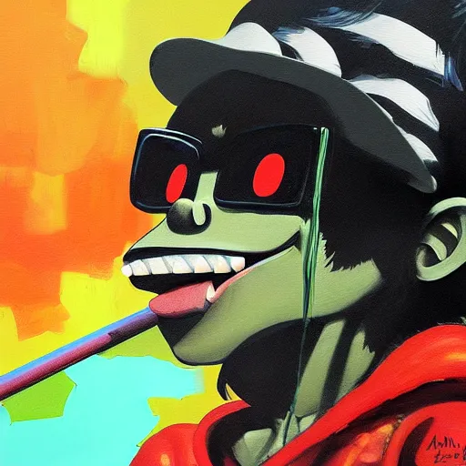 Image similar to high quality high detail painting of gorillaz noodle by ashley wood, hd, photorealistic lighting, vivid colors