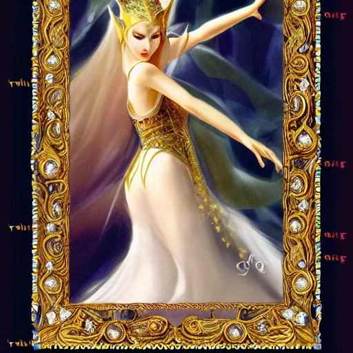 Image similar to jaw - dropping elven princess elegantly dancing in front of a ring of sapphire rose ring, ornate gold border, vignette, warm tri - color, subtle chromatic aberration, painted by francis goya