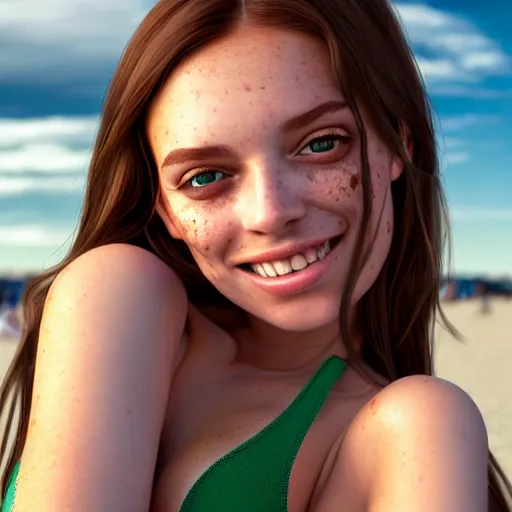 Image similar to portrait of a cute thin young woman, bronze brown hair, eye color is emerald green, red blush, cute freckles, smug smile, modern clothes, relaxing on the beach, golden hour, close up shot, 8 k, art by irakli nadar, hyperrealism, hyperdetailed, ultra realistic