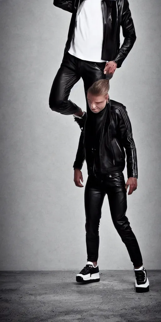 Image similar to full body photo. extreme long shot. man in black leather jacket and white!!! adidas!!! pants!!!. serious face. studio photo