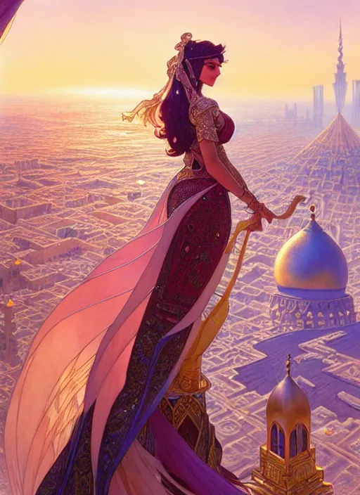 Image similar to an arabian princess looking over her city, shiny, fantasy, intricate, elegant, hyper detailed, ultra definition, photoreal, artstation, unreal engine rendered, concept art, smooth, sharp focus, illustration, art by artgerm and greg rutkowski and alphonse mucha and garis edelweiss