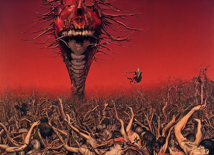 Prompt: attack on titan, a crowd turns into a giant form in the style of francis bacon, tristan eaton, victo ngai, edward hopper and norman rockwell, zdzislaw beksinski, by greg rutkowski, trees, exotic vegetation, vibrant red background, whale skeleton, a still from the film alien, hyperrealism