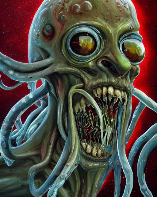 Image similar to Haunting horrifying detailed painting of a tall skinny extraterrestrial squid monster made of gelatinous fluid, floating teeth and bloodshot eyeballs, hyper detailed, trending on Artstation