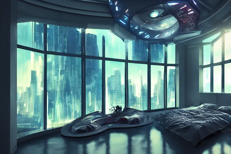 Image similar to a futuristic bedroom with large curved ceiling high windows looking out to a far future cyberpunk cityscape, cyberpunk neon lights, raining, scifi