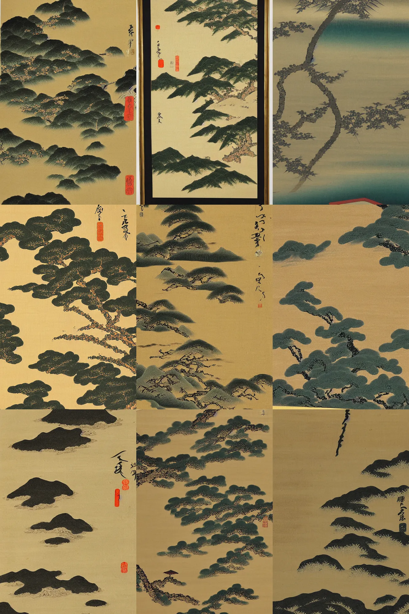 Prompt: japanese painting of a landscape by kano sanraku, soami in the style of nihonga, gold leaf painting