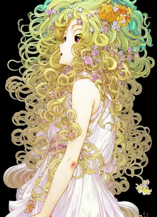 Image similar to exquisite imaginative manga poster of a fairy princess, long wavy hair, rococo ruffles dress, shimmering, by shigenori soejima, minaba hideo, katsuhiro otomo, alphonse mucha, jump comics, illustration, artstation, dark fantastic, highly detailed, 8 k, fluorescent, fluorescent, maximalist