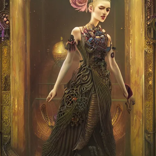 Prompt: photorealistic soft paint of absurdities and curiosities, single very beautiful asian princess full long dress, ultra deep fog, purple black lustrous thin haircut, partial symmetry accurate features, focus, very intricate ultrafine details, award winning masterpiece, steampunk world, rudolf freund dan mumford tom bagshaw