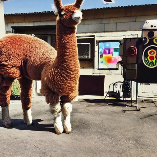Prompt: <photo quality='prize winning' style=lofi>bored robot stares into the distance <photobomb>Alpaca with an extreme trollface</photobomb> as a nuclear bomb hits the city behind him</photo><explosion large=true colorful=true></explosion>