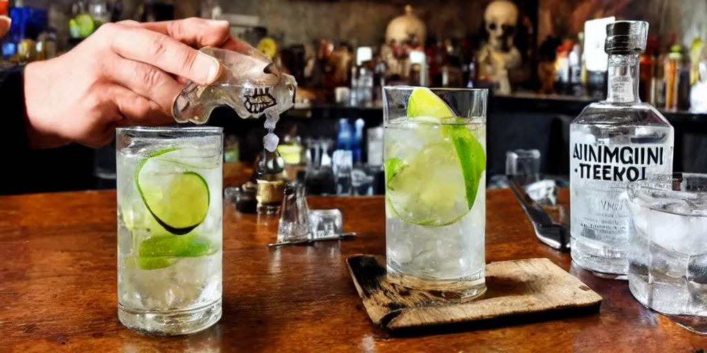Image similar to gin and tonic being drank by a skull in the American west in the style of Marcelino Truong