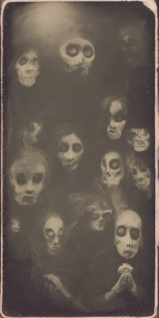 Image similar to spirit photography with glowing bulbous ectoplasm, scary reed people, sleep paralysis demon, 1 9 0 0 s, slimer, mourning family, invoke fear and dread, old photograph, daguerreotype