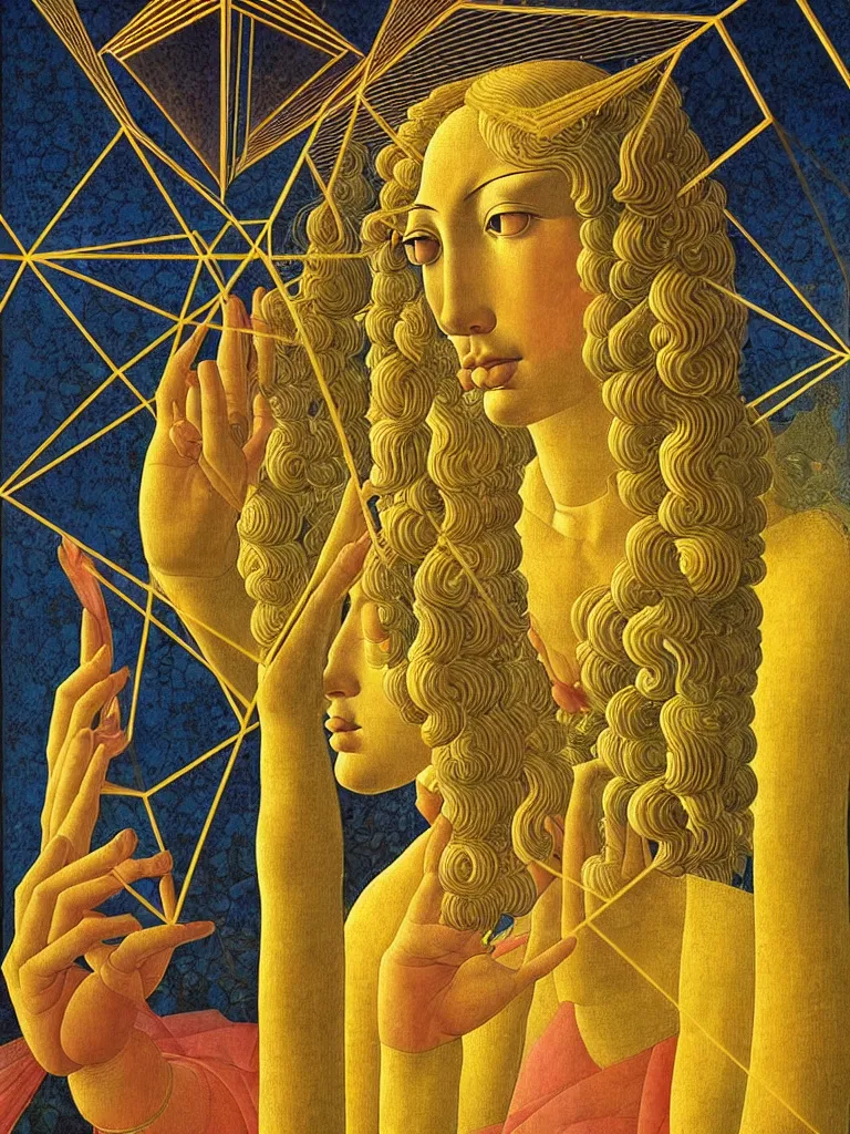 Image similar to hyperrealistic still life portrait of a mind exploding inside of a serene temple, beautiful plans, sacred geometry, light refracting through prisms in a tesseract, by sandro botticelli, botanical print, surrealism, vivid colors, serene, golden ratio, rule of thirds, negative space, minimalist composition