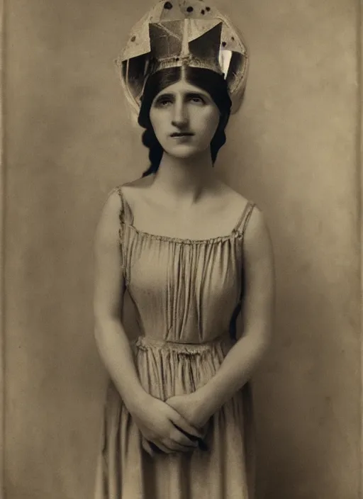 Image similar to portrait of young woman in renaissance dress and renaissance headdress, art by tina modotti