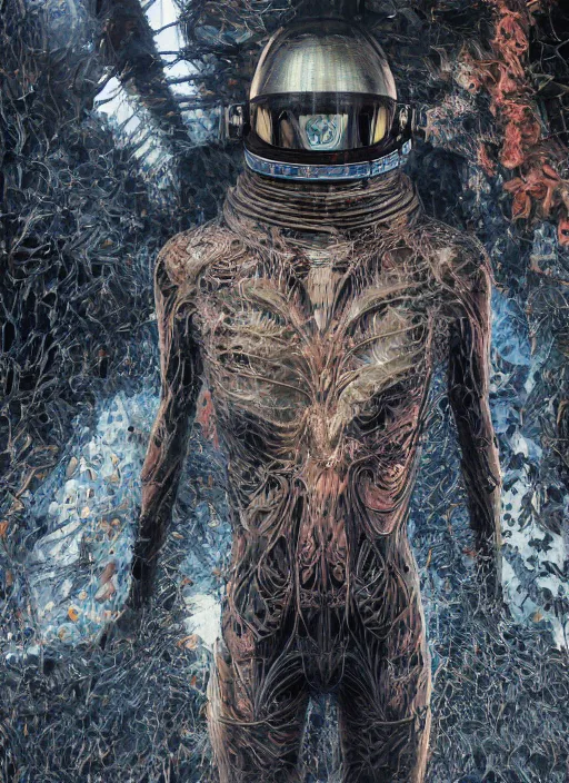 Image similar to astronauts in the dark infinite underwater void - complex and hyperdetailed technical suit, fabric material. reflection and dispersion materials. rays and dispersion of light. volumetric light. wide angle, f / 3 2. noise film photo. flash photography. ultra realistic, wide angle. poster by wayne barlowe, hajime sorayama aaron horkey, craig mullins