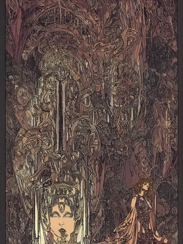 Prompt: castle by philippe druillet and mucha and moebius, symetrical