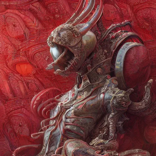 Image similar to The red alien, intricated traditional Chinese textures, rococo decorations, hyper detail, Unreal engine,Octane render, by Karol Bak