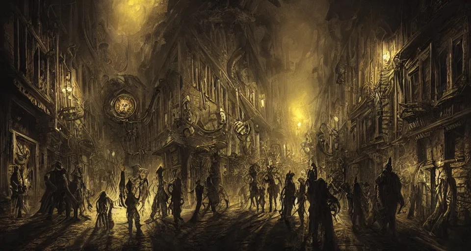 Image similar to a beautifully horrific ultra - detailed lovecraftian painting of steampunk demons gathered in the night time alleyway, illuminated by volumetric lighting, in the style of francisco goya, trending on artstation