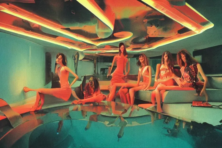 Image similar to first-person view of a vogue female models wearing discowear sitting inside of an unlit lit 1970s underwater chinese convenience star with a soviet computer console on the wall, a suspended fireplace, large semi-translucent windows, lava lamp, an exterior of the deep sea floor with bioluminescent species, ektachrome photograph, volumetric lighting, f8 aperture