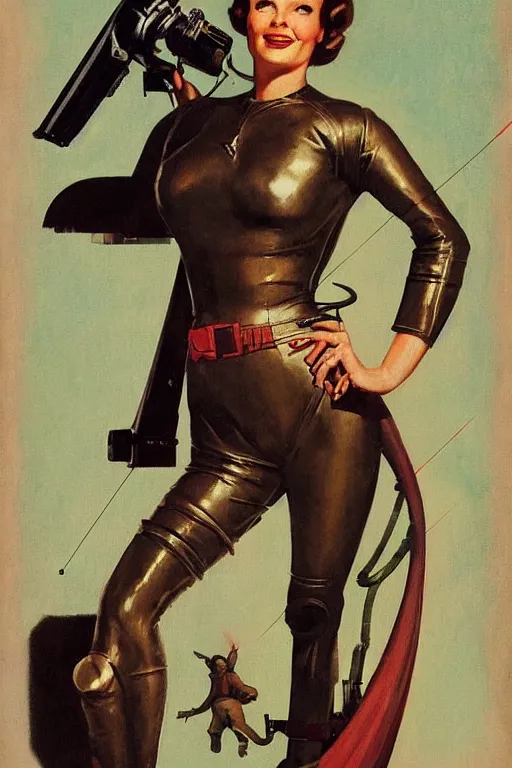 Prompt: 5 0 s pulp scifi fantasy illustration full body portrait slim mature woman in leather spacesuit firing retro ray gun laser beam, by norman rockwell, roberto ferri, daniel gerhartz, edd cartier, jack kirby, howard v brown, ruan jia, tom lovell, frank r paul, jacob collins, dean cornwell, astounding stories, amazing, fantasy, other worlds