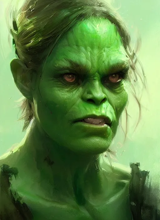 Image similar to green orc female, light green tone beautiful face, by greg rutkowski, by jeremy mann, digital painting