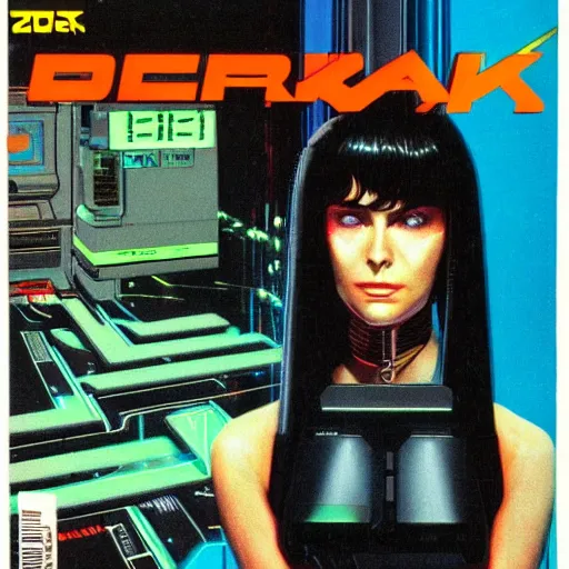 Image similar to cable plugged into cyberdeck, back of head, cyberpunk woman, computer, 1 9 7 9 omni magazine cover, style by vincent di fate, cyberpunk 2 0 2 0