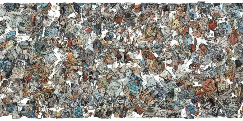 Image similar to escher style pattern of three point perspective, 3 6 0 panorama colorful kim jung gi characters with the texture of old rust and trash