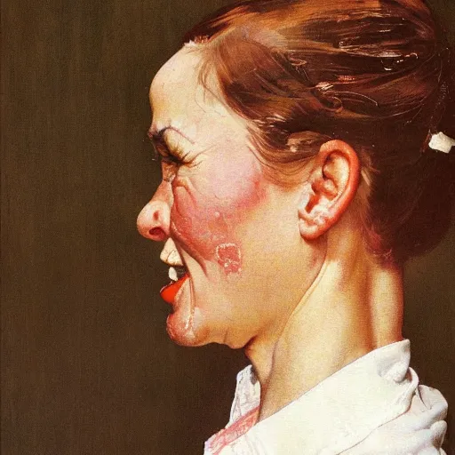 Image similar to Frontal portrait of a woman so happy that her face hurts. A painting by Norman Rockwell.