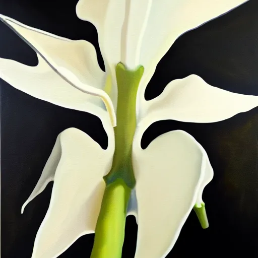 Prompt: oil painting of white brugmansia suaveolens flowers, dark background, with scary eyes looking out from the darkness