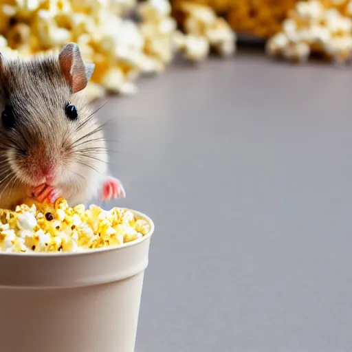 Image similar to photo of a hamster, full cheeks, eating popcorn from a bucket of popcorn, various poses, unedited, soft light, sharp focus, 8 k