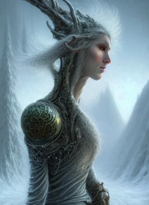 Image similar to portrait shot of a snow elf in a scenic dystopian environment, intricate, elegant, highly detailed, centered, digital painting, artstation, concept art, smooth, sharp focus, illustration, artgerm, tomasz alen kopera, peter mohrbacher, donato giancola, joseph christian leyendecker, wlop, boris vallejo