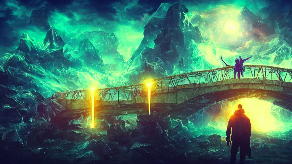 Image similar to dreamscape by gene raz von edler, buff father time by ross tran, white bearded man holding up a bright gemstone nova star by seb mckinnon, the background is a hell bridge by jon mess, cinematic, highly detailed