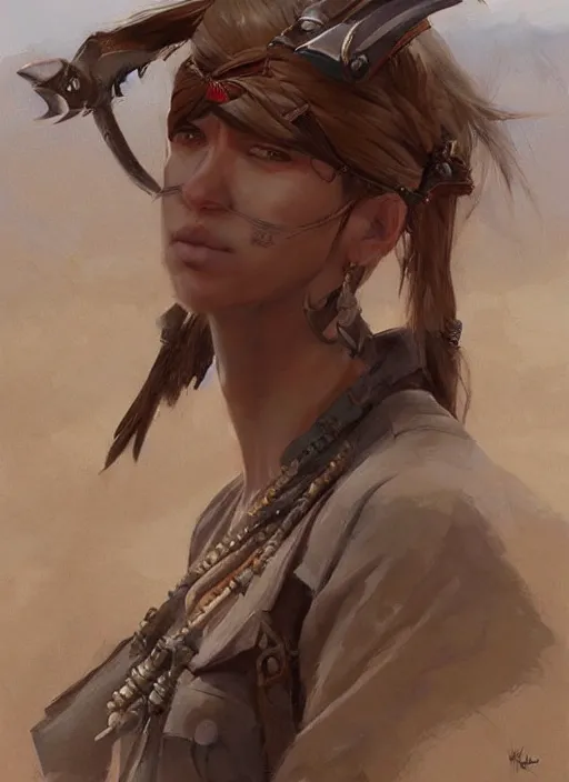 Image similar to portrait of desert warrior by krenz cushart, fantasy, oil painting, featured on pixiv, highly detailed, elegant, sharp focus