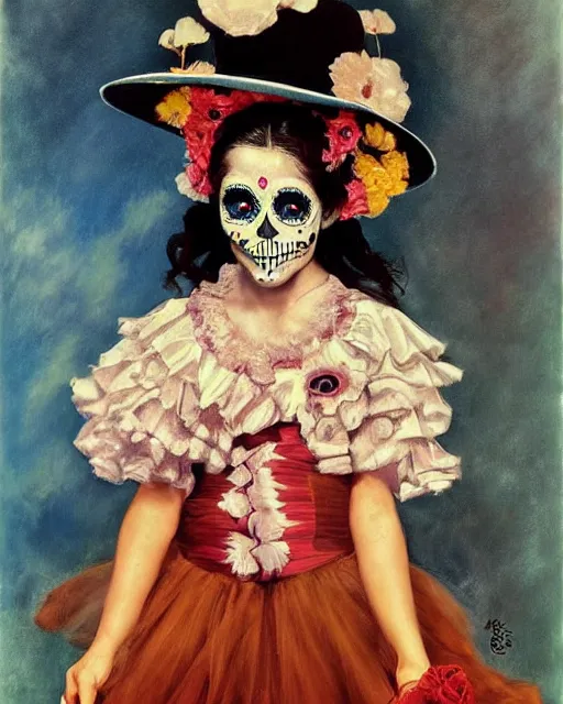 Prompt: a cute Día de los Muertos girl posing by Annie Leibovitz, Poster art by J. C. Leyendecker