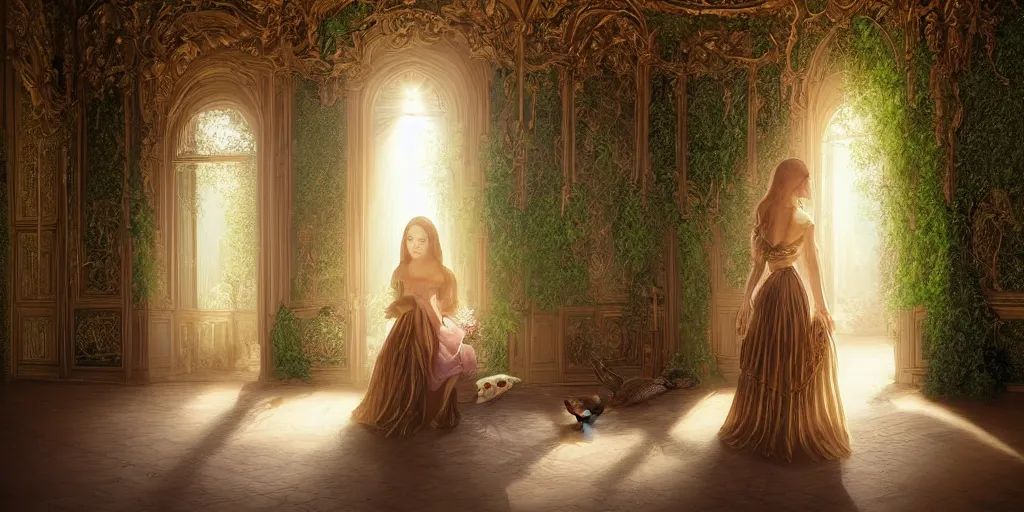 Image similar to a dream of a young woman holding a Mallard Duck that is looking over her shoulder walking inside an opulent, ornate, abandoned overgrown Palace of Versailles, lush plants growing through the floors and walls, walls are covered with vines, beautiful, dusty, golden volumetric light shines through giant broken windows, golden rays fill the space with warmth, rich with epic details and dreamy atmosphere