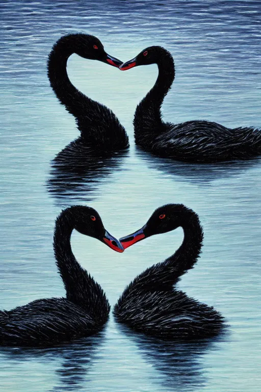 Image similar to !dream two black swans swimming, touching heads, forming a heart with their necks, oil on canvas, intricate, 8k highly professionally detailed, HDR, CGsociety