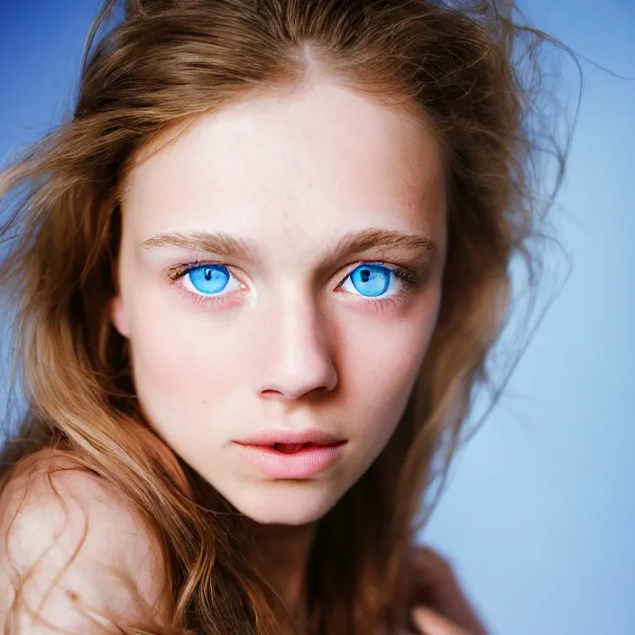 Prompt: Kodak Portra 400, 8K, highly detailed, britt marling style 3/4 extreme closeup portrait of a extremely beautiful girl with blue eyes and light brown hair, four fingers maximum, high light on the left, non-illuminated backdrop, illuminated by a dramatic light, Low key lighting, light dark, High constrast, dramatic , nina masic ,Flora Borsi, dark background, high quality, photo-realistic, 8K